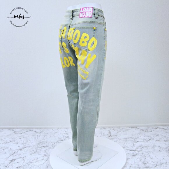 NWT LalaBobo Let's Play Color Mid Rise Straight Leg Jeans Blue Yellow Women 10 - Picture 7 of 12